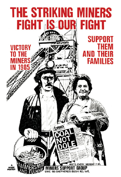 Black and red Hammersmith & Fulham Miners Support Group poster.